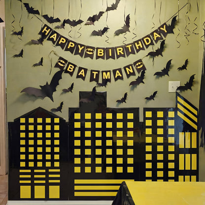 Preboun Bat Theme Party Decorations Skyscraper City 8.2x3.3 ft Backdrop with 9.8x1.3ft Road Rug 3D Bat Cutouts Modern City Backdrop Hero Birthday Decor for Hallway Wall Background Photo Props