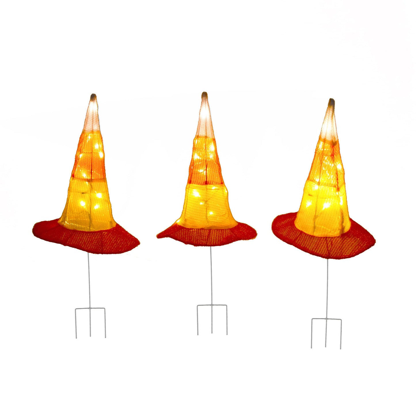 National Tree Company Garden Stake Lawn Decoration, Orange, Candy Corn Witches Hats, LED Lights, Halloween Collection, 23 Inches