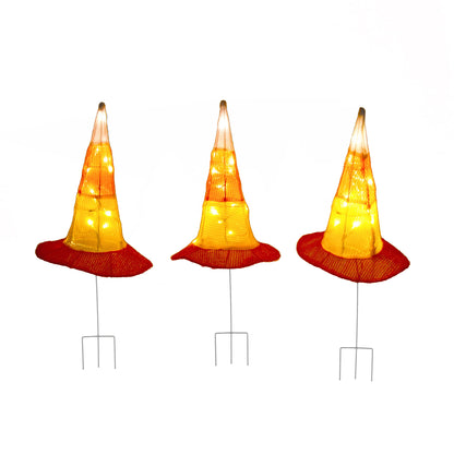 National Tree Company Garden Stake Lawn Decoration, Orange, Candy Corn Witches Hats, LED Lights, Halloween Collection, 23 Inches