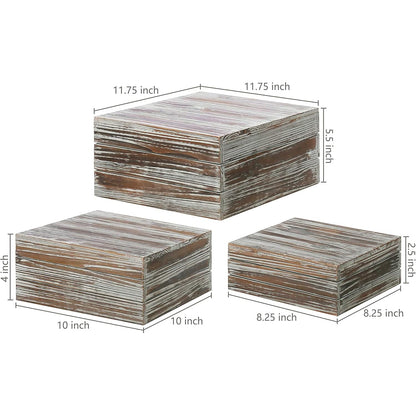 MyGift 3 Piece Rustic Solid Torched Wood Dessert Cake and Cupcake Stand, Decorative Box Display Risers