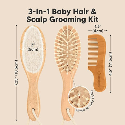 Baby Hair Brush Set for Newborns - Soft Goat Bristle Wooden Baby Brush and Comb Set Newborn Grooming Kit for Cradle Cap, Durable & Gentle, Boy, Girl Infant Essentials Care Kit (Regular, Walnut)