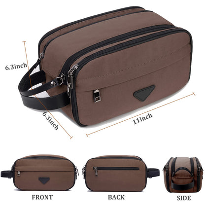 CROCOD Toiletry Bag for Men - Water-Resistant Oxford Travel Organizer Dopp Kit with Double Zippers, Padded Shaving Bag for Bathroom, Gym, Dorm - Multi-Function Cosmetic Storage Bag (Brown)