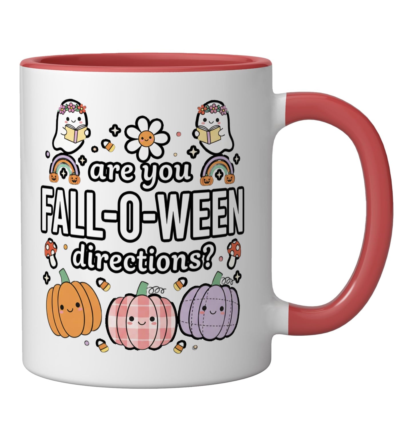 Halloween Fall-O- Cute Pumpkin Ghosts Kawaii Autumn Ceramic Mug, Red/White