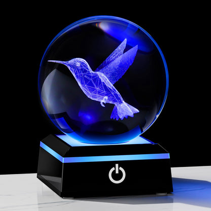 Qianwei 3D Crystal Ball Hummingbird Gift - 3.14'' 80mm Laser Decor Glass Animal Figurine Statue for Room Decorations With Night Light