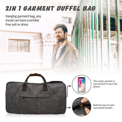 2 in 1 Suit Garment Duffle Convertible Carry-on Bag With Canvas Leather Shoulder Strap for Travel, Business Trips, Storage - Hangding Suit, Clothes, Dresses, Shoes (Gray)