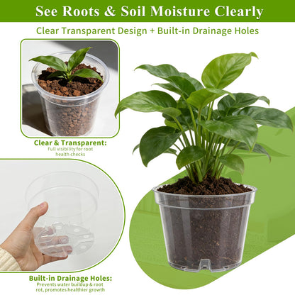 Gute 6/8/10 Inch Clear Nursery Pots with Drainage Holes (14 Pack), Reusable Plastic Plant Pots for Indoor & Outdoor Gardening, Ideal for Seedlings, Succulents, Vegetables, Orchids & More