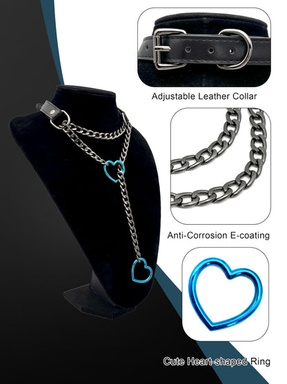 EverGlimp Black Leather Choker Collar For Women, Handmade Heart Slip Chain Choker Long Necklace with Adjustable Buckle