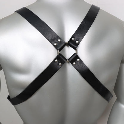 Mens Punk PU Leather Harness Adjustable Chest Body Belt with Buckles Rings Chain Design Adult Roleplay Outfit Clubwear Valentine's Day Festival Party Costume Gift for Men Adults