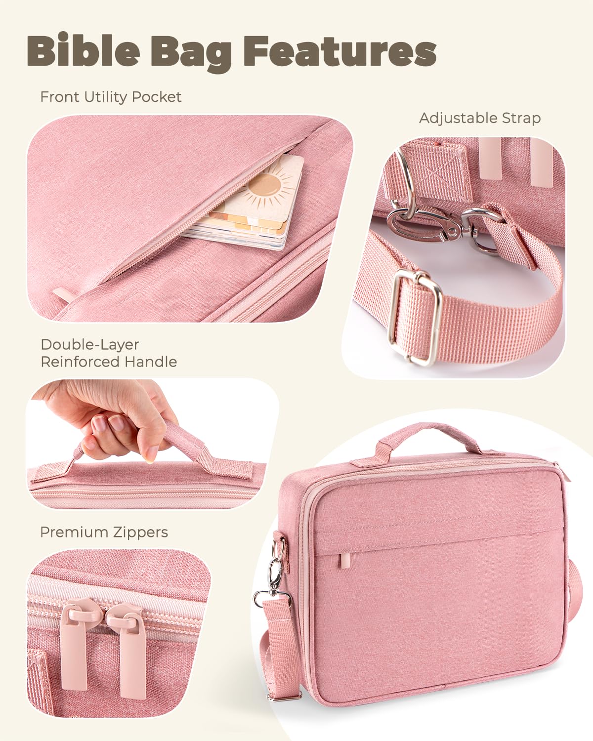 WEMATE Large Capacity Bible Cover Case, Waterproof Study Supplies Tote Bag with Double-Layer Handle & Shoulder Strap, Bag for Women, Girls, Teens, and Christian (Pink)