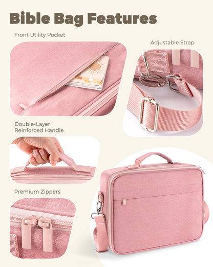 WEMATE Large Capacity Bible Cover Case, Waterproof Study Supplies Tote Bag with Double-Layer Handle & Shoulder Strap, Bag for Women, Girls, Teens, and Christian (Pink)