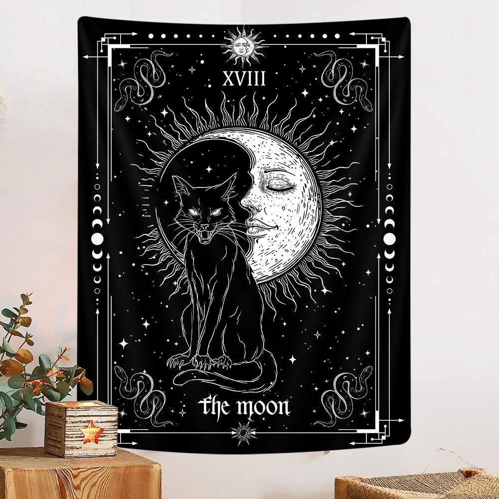 Gothic Black Cat Vertical Tapestry, Witchy Black and White Tarot Card Wing Bat Cat Cool Tapestries for Men, Moon Phases Aesthetic Anime Witchcraft Satanic Art Tapestry Wall Hanging for Bedroom Living Room Poster, 40X60Inch