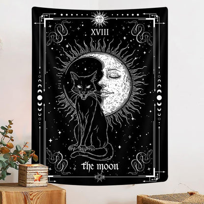 Gothic Black Cat Vertical Tapestry, Witchy Black and White Tarot Card Wing Bat Cat Cool Tapestries for Men, Moon Phases Aesthetic Anime Witchcraft Satanic Art Tapestry Wall Hanging for Bedroom Living Room Poster, 40X60Inch