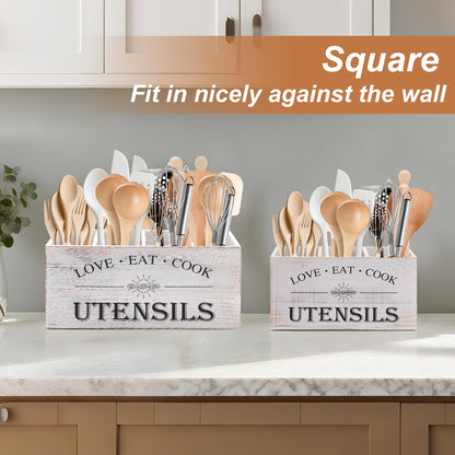 Natural Summertime 2 PC Wooden Utensil Holder,（With 4-Compartments size*1 + 3-Compartments size*1） Extra Large Kitchen Counter,Cooking Spatula Organizer,Farmhouse Decor, Rustic Cooking Utensil