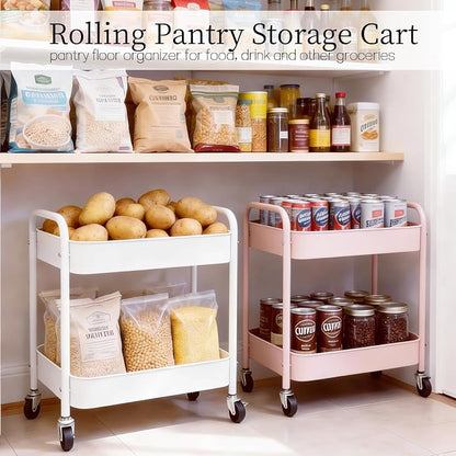Pink 2 Tier Rolling Cart Metal with Wheels Under Desk Storage Cart for Small Space Organization, Small Trolley for Pantry Room Laundry Bathroom Kitchen Office Art Snack Baby Supplies