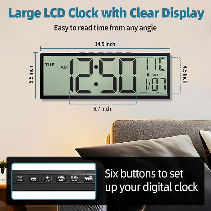 15" Large Digital Wall Clock Battery Operated Black, Clock with Large Display Numbers, Calendar, Auto DST, Clocks for Living Room, Kitchen, Office, Bedroom
