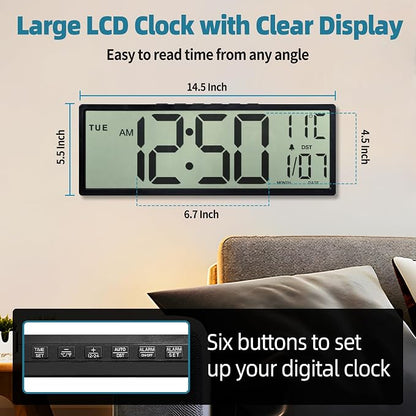 15" Large Digital Wall Clock Battery Operated Black, Clock with Large Display Numbers, Calendar, Auto DST, Clocks for Living Room, Kitchen, Office, Bedroom