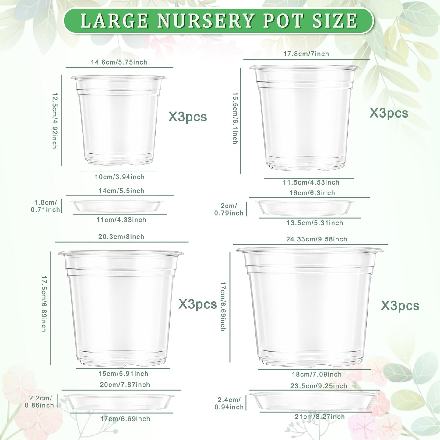 QTRQTR 12 Pack 5.75/7/8/10 Inch Large Clear Nursery Pots with Drainage Clear Plastic Pots for Plants Seedling Flower Vegetables Orchids Indoor Outdoor Gardening with Repotting Mat and Plant Labels