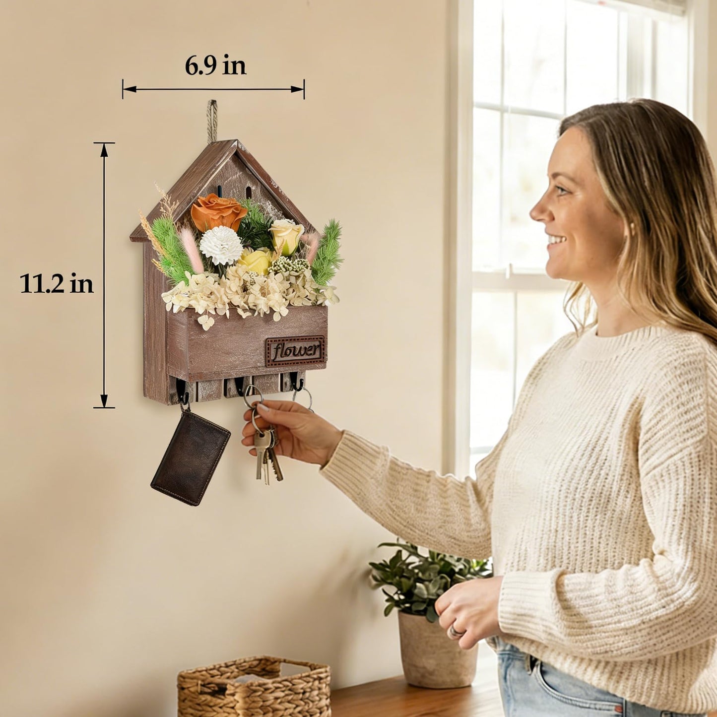 EIGHTOWN Orange Floral Wall Hooks, Farmhouse Wooden House Shape Key Holder with 3 Hooks, Artificial Soap & Dried Flower Decorative Hanger for Entryway, Living Room, Home Decor (Orange)