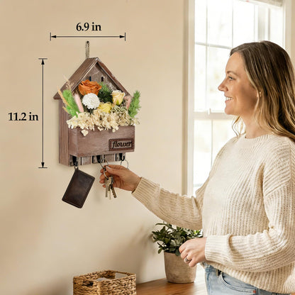 EIGHTOWN Orange Floral Wall Hooks, Farmhouse Wooden House Shape Key Holder with 3 Hooks, Artificial Soap & Dried Flower Decorative Hanger for Entryway, Living Room, Home Decor (Orange)