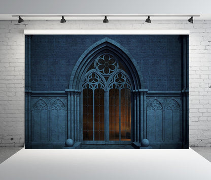 BELECO 8x6ft Fabric Dark Medieval Castle Backdrop Abandoned Night Castle Crypt Gothic Arch Window Grey Arch Wall Background Medieval Themed Party Decoration Ghost Vampire Halloween Shoot Photo Prop