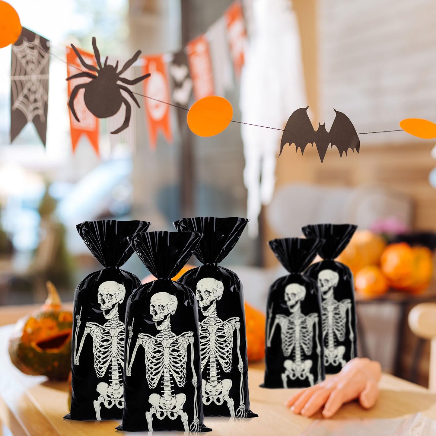 Whaline 150 Pcs Halloween Cellophane Gift Bags with 200 Pcs Twist Ties Funny Skeleton Party Favor Bags Candy Goodie Treat Bags for Trick or Treat Birthday Party Supplies