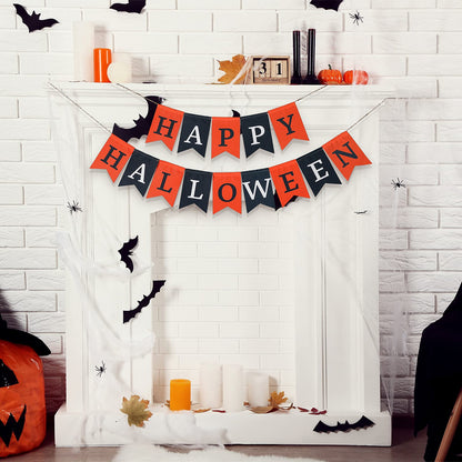 Happy Halloween Decoration Fabric Banner with String Light for Fireplace - Black & Orange Halloween Flag Party Mantel Hanging Decoration Supplies