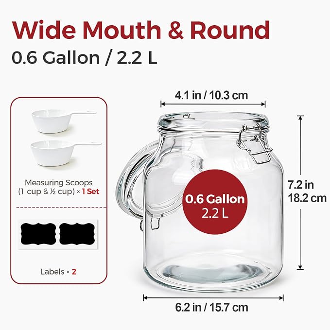 0.6 Gallon 2 Pack Wide Mouth Glass Jars with Airtight Lid – Includes 1 Cup & 0.5 Cup Measuring Scoops & Labels, Ideal for Flour, Sugar, Coffee, Cereal, Rice & Dry Goods | Thick Glass, BPA-Free