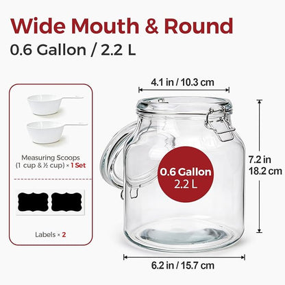 0.6 Gallon 2 Pack Wide Mouth Glass Jars with Airtight Lid – Includes 1 Cup & 0.5 Cup Measuring Scoops & Labels, Ideal for Flour, Sugar, Coffee, Cereal, Rice & Dry Goods | Thick Glass, BPA-Free