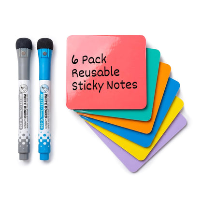 Dry Erase Sticky Notes, Reusable 6-Pack (4x4”) – Mini Whiteboard Stickers with 2 Magnetic Fine-Tip Markers – Removable, No Residue – for Fridge, Office, Classroom & Home
