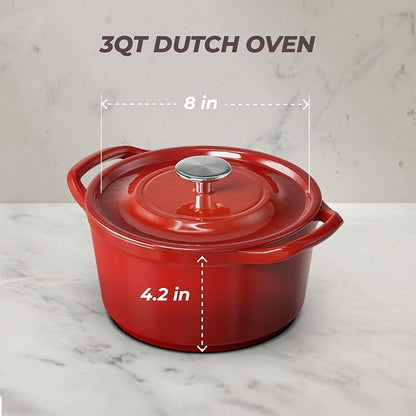 SUNHOUSE Enameled Cast Iron Dutch Oven Pot - 3 QT Dutch Oven with Lid for Bread Baking, Braising, Stews, Roasting Cooking Pot (Gradient Red)