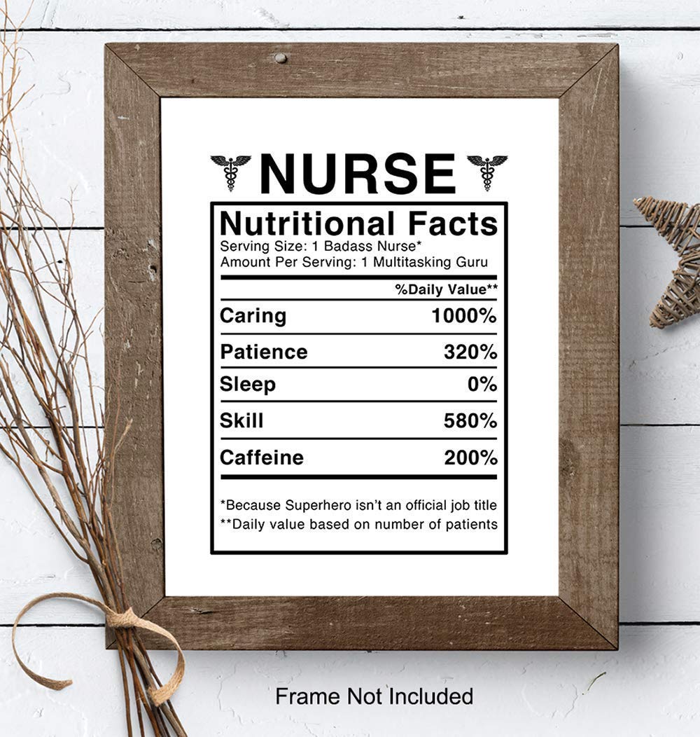 Nurse Nutritional Facts Wall Art - Funny 8x10 Room Decor, Home Decoration for Medical Clinic or Office - Unique Gift for Physicians Assistant, PA, Student - Unframed Poster Picture Sign Print