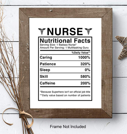 Nurse Nutritional Facts Wall Art - Funny 8x10 Room Decor, Home Decoration for Medical Clinic or Office - Unique Gift for Physicians Assistant, PA, Student - Unframed Poster Picture Sign Print