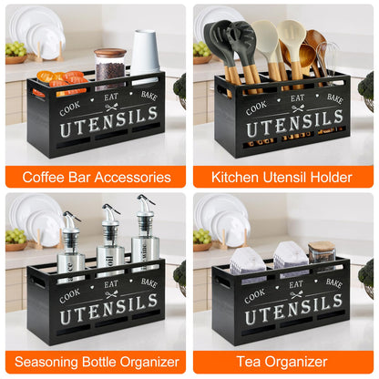 Extra Large Black Wood Utensil Holder Organizer Farmhouse Kitchen Decor Cutlery Spatula Holder Silverware Caddy Wooden Cooking Utensils Holder for Kitchen Countertop Utensil Crock Spoon Tools Holder