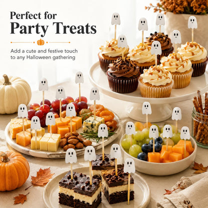 100 Pcs Ghost Cocktail Picks for Halloween and Fall – Bamboo Toothpicks with Cute Ghost Design for Appetizers, Fruit, Desserts, Coffee Drinks, Cake Toppers and Party Decorations (white)