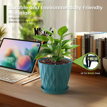 Meowell 7 inch Plant Pots for Indoor Outdoor Plants, 5 Pack Thick Flower Pots with Drainage Holes and Saucers, 3D Modern Wave Texture Plastic Planter Pots for Nursery and House Plants, Blue Green