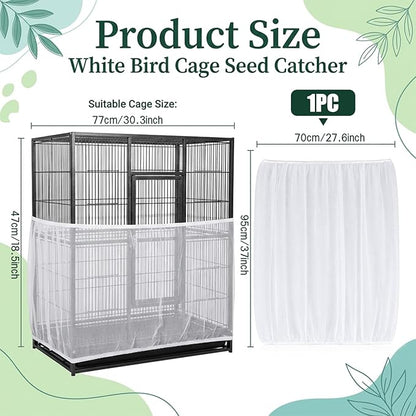 White Bird Cage Seed Catcher, Universal Bird Cage Seed Catcher Adjustable Soft Airy Nylon Mesh Net Lightweight Mesh Skirt for Parrot Cages Stops Scatter Round Square Cages