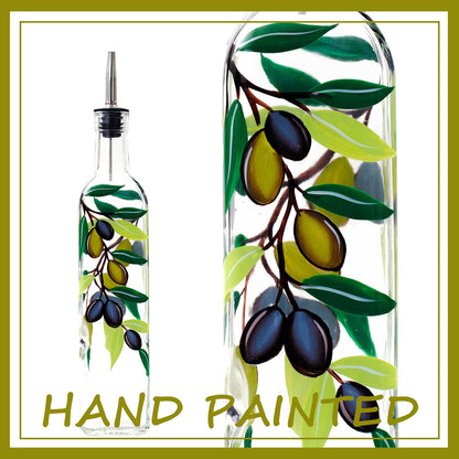 YIYUKODO 17oz Hand Painted Glass Olive Oil Bottle Dispenser - 500ml Green Oil & Vinegar Cruet with Pourers - Olive Oil Carafe Decanter for Kitchen (olive2)