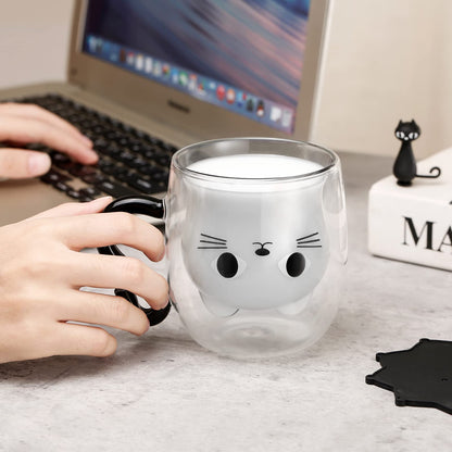 Phitihui Cat Mugs, Double Wall Glass Cute Coffee Tea Cup, Graduation Valentines Mothers Day Easter Halloween Christmas Gifts for Women Wife Mum Her Girl Teacher Friend, Birthday Present Idea
