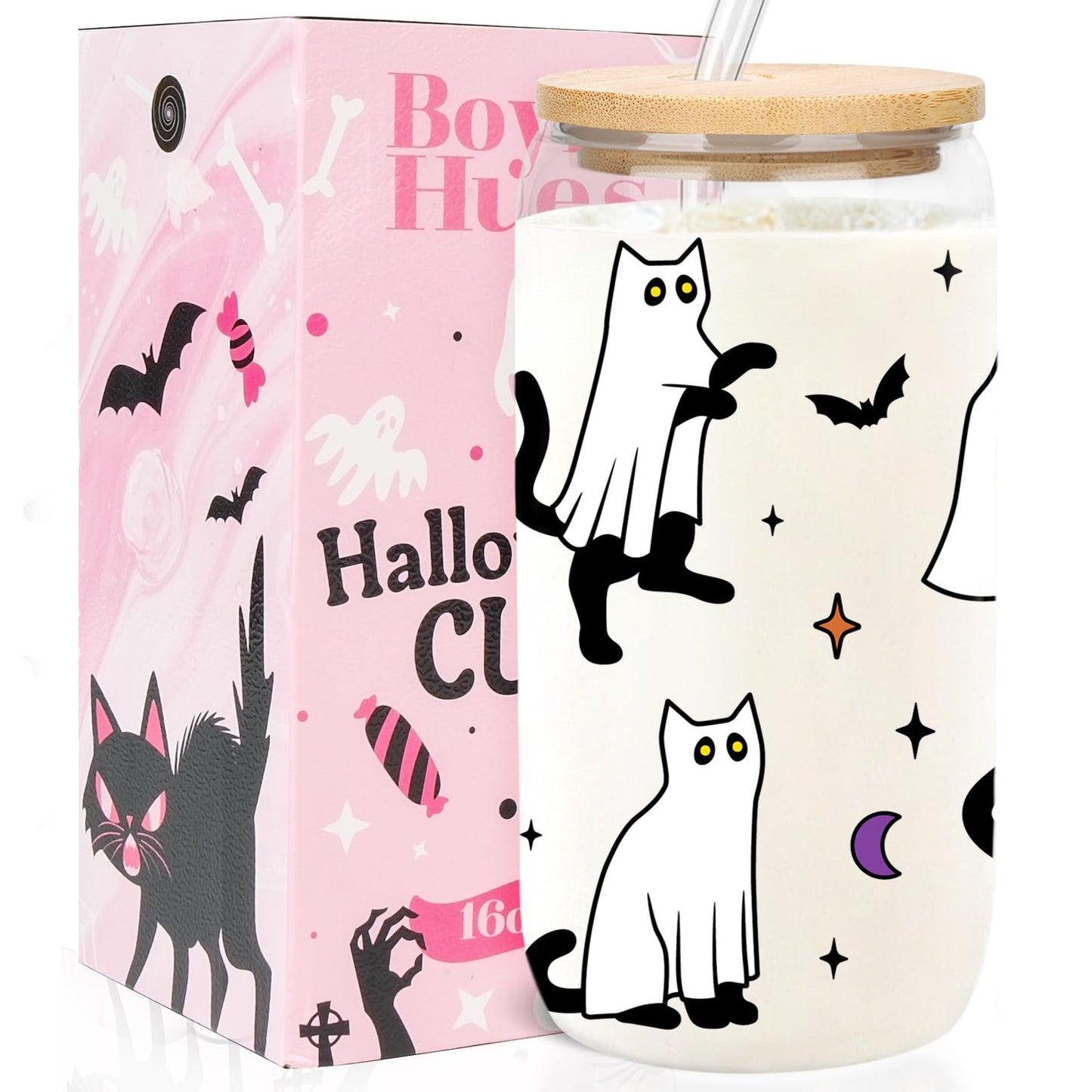 Halloween Ghost Cat Cups - Cute Halloween Gifts Spooky Boo Basket Stuffers for Women Teens Boy Girls Kids - 16oz Glass Iced Coffee Cup w/ Lids and Straw - Ideal for Trick or Treat Party Favors Decor