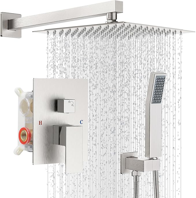 10" Square Rain Shower Faucet Set, Wall Mount, Brush Nickel | 304 SS, air tech boosts pressure 50%, dual spray, anti-fingerprint