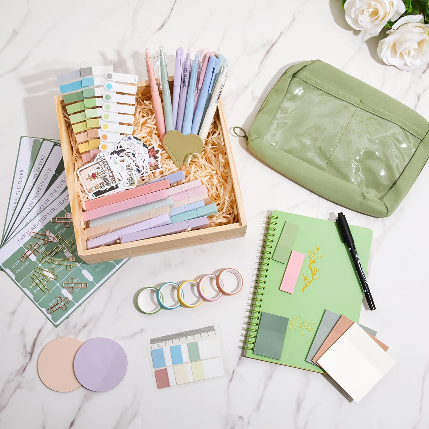 Jutom 110 Pcs Bible Study Supplies Bible Journaling Kit with Canvas Tote Bag Pen Case Notebook Highlighters Pen Sticky Note Tabs Page Markers Stickers Tape for Women Christian Christmas Gift(Green)