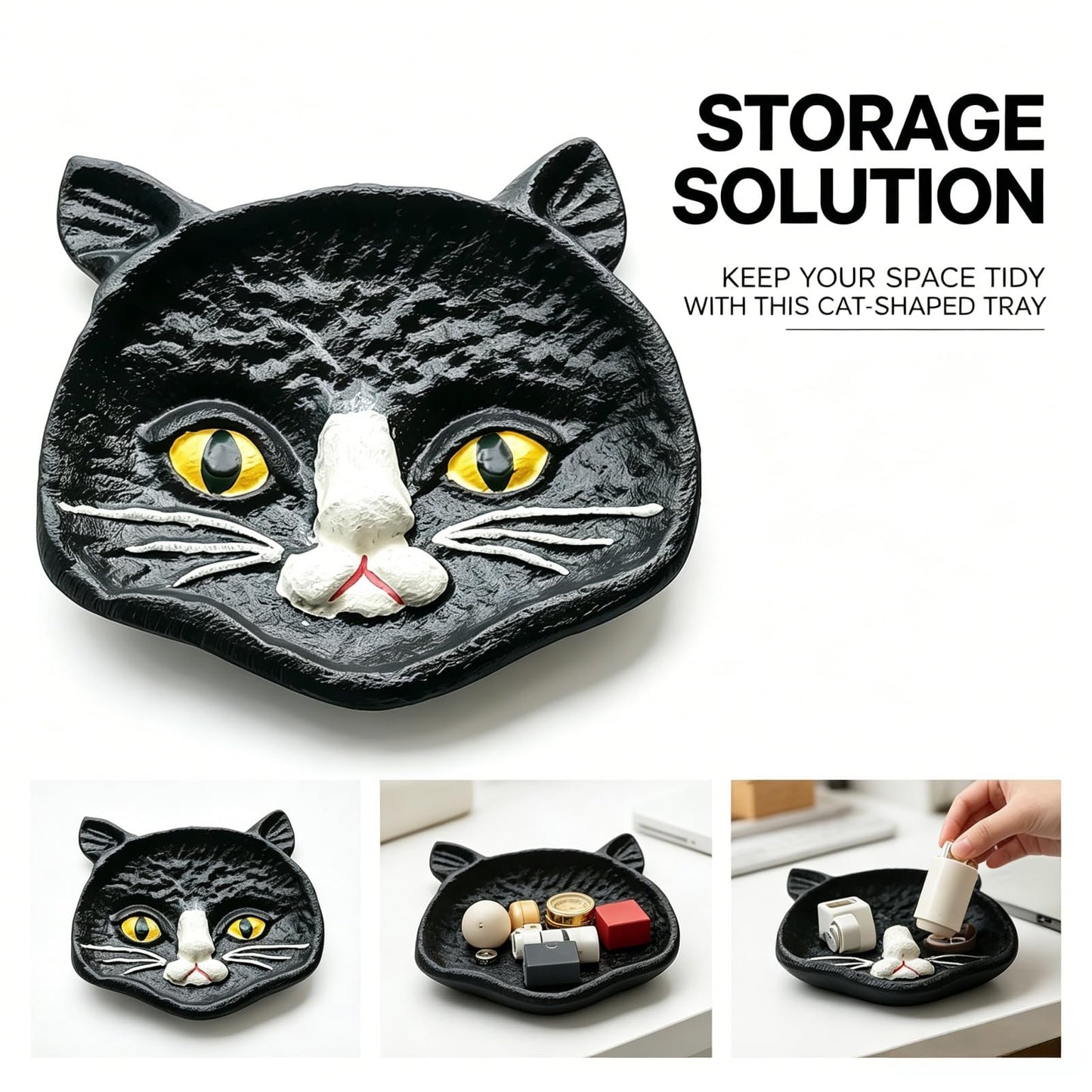 Womeet Black Cat Face Cast Iron Trinket Dish, Gothic Kitten Jewelry Tray, Small Decorative Cat Ring Holder for Earrings Necklings Rings, Halloween Home Decor Storage Dish for Vanity Countertop