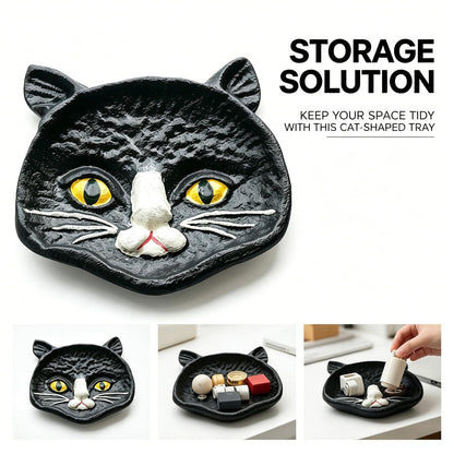 Womeet Black Cat Face Cast Iron Trinket Dish, Gothic Kitten Jewelry Tray, Small Decorative Cat Ring Holder for Earrings Necklings Rings, Halloween Home Decor Storage Dish for Vanity Countertop