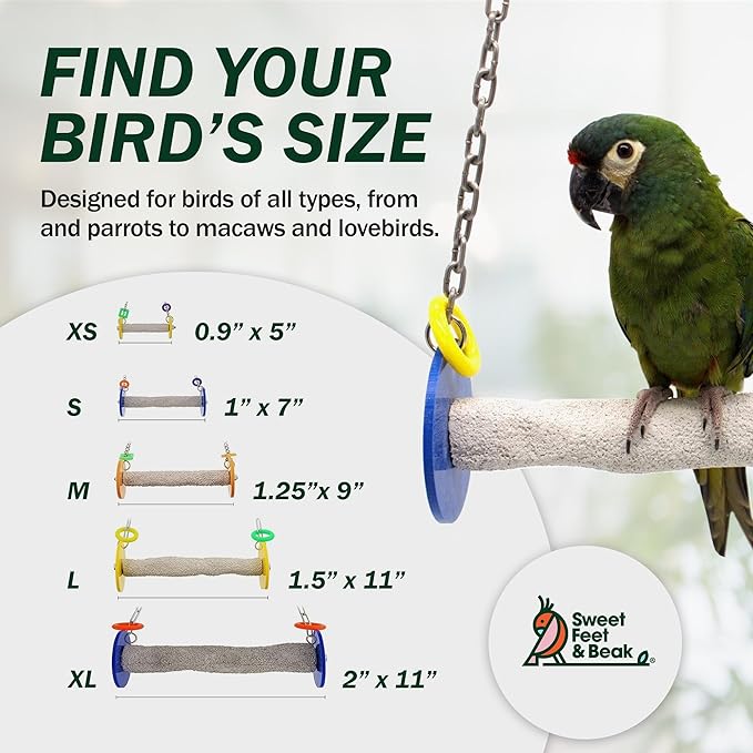 Sweet Feet and Beak Roll Bird Swing - Pumice Perch Bird Toys Trims Nails and Beaks, Safe Bird Cage Accessories for Small and Large Birds, Swinging Toys Birds Will Love, Small 7.5 Inches - Blue