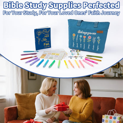 25 PCS Bible Study Supplies Kit, Large Capacity Canvas Tote Bag for Women Organizer, Bible Highlighters and Quick Dry Pens No Bleed Through, Notebook Bible Tabs Cross Bookmark Journaling Accessories
