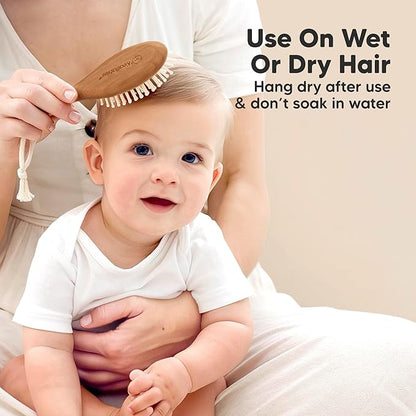 Baby Hair Brush Set for Newborns - Soft Goat Bristle Wooden Baby Brush and Comb Set Newborn Grooming Kit for Cradle Cap, Durable & Gentle, Boy, Girl Infant Essentials Care Kit (Regular, Dark Walnut)
