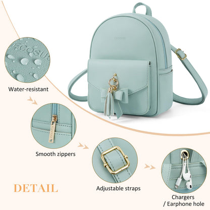 ECOSUSI Mini Backpack for Women Girls Cute Bowknot Small Backpack Purse Ladies Leather Bookbag Satchel Bag, with Charm Tassel Green