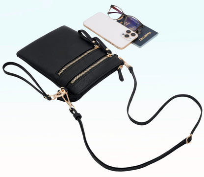 Solene Women's Faux Leather Organizer Multi Zipper Pockets Handbag With Detachable Wristlet Crossbody Bag-WU002(Black)
