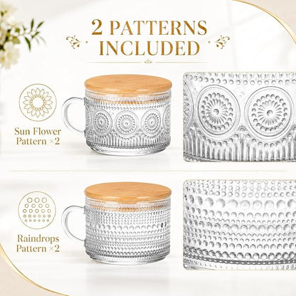 Semderm Vintage Glass Coffee Mugs Set of 4, Overnight Oats Containers with Bamboo Lids and Spoons - 14oz Clear Tea Cups for Cappuccino Latte Americano Cereal Yogurt Beverage
