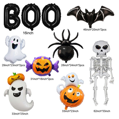 Wecepar Halloween Party Decorations – 12Pcs Ghost Skeleton Pumpkin Bat Spider BOO Foil Balloons Set for Halloween Birthday Party Supplies